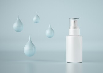 cosmetic spray product. beauty product package mockup. health skin virus protect. bacteria product. alcohol gel spray. beauty product collection. water drop concept. white bottle. 3d illustrator