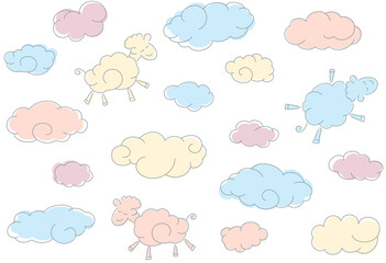 Seamless pattern with sheep and clouds. Color cute cartoon seamless pattern.