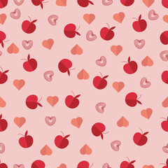 Fototapeta na wymiar Seamless pattern with apples and hearts in flat style on a pink background 