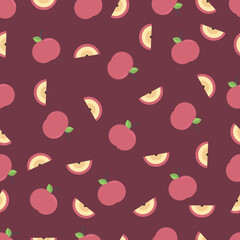 Seamless fruit pattern featuring whole apples and cross-sections on a deep maroon background. Ideal for autumn-themed textiles, kitchen decor, wrapping paper, and educational materials.
