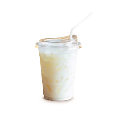 Iced caramel milk in a bowl of plastic isolated on white background. Clipping path