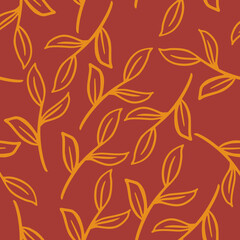 Fototapeta premium Random seamless pattern with hand drawn orange contoured leaves branches print. Red background.