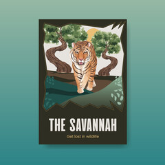 Poster template with savannah wildlife concept design watercolor illustration