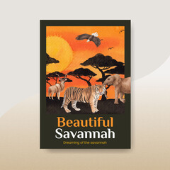 Poster template with savannah wildlife concept design watercolor illustration