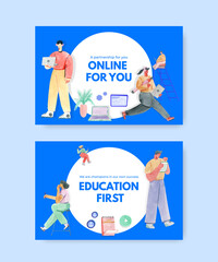 Facebook template with online learning concept design for social media and community watercolor illustration