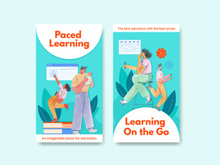 Instagram template with online learning concept design for social media and community watercolor illustration