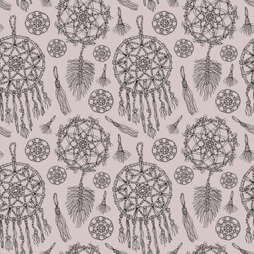 Seamless pattern with dreamcatcher, macrame, lace. Pencil drawing illustration. The print is used for Wallpaper design, fabric, textile, packaging.