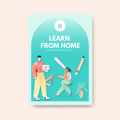 Poster template with online learning concept design for advertise and brochure watercolor illustration