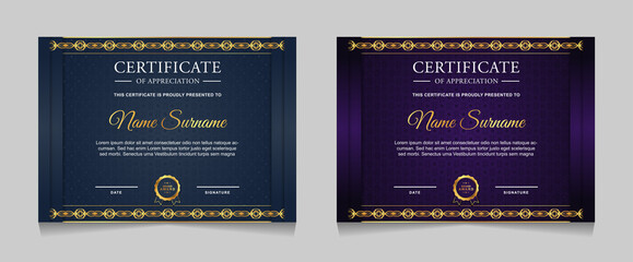 Set of certificate of achievement border design templates with elements of  luxury gold badges and modern line patterns. vector graphic print layout can use For award, appreciation, education
