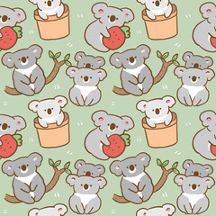 Seamless Pattern with Cute Cartoon Koala Bear Illustration Design on Green Background