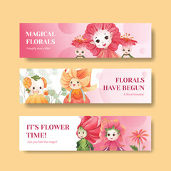 Banner template with floral character concept design watercolor illustration