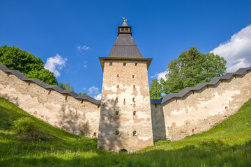 Upper Lattices Tower close up on a sunny summer day. Fragment of the fortifications of the Svyato-Uspensky Pskov-Pechersky Monastery. Pechory, Russia