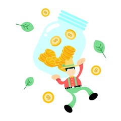 farmer man agriculture and money coin jar cartoon doodle flat design style vector illustration