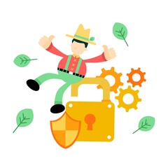 farmer man agriculture and security protection padlock cartoon doodle flat design style vector illustration