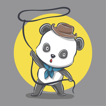 Cute cowboy panda with rope cartoon icon illustration. flat cartoon style