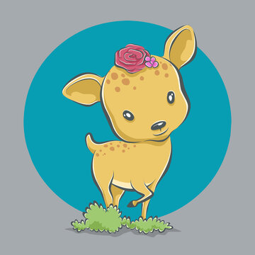 Cute deer with flower cartoon icon illustration. flat cartoon style