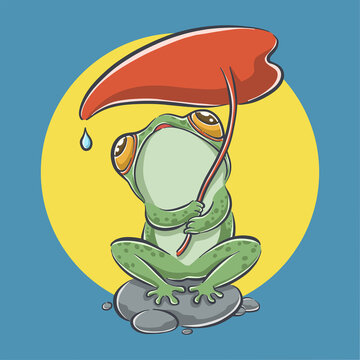 Cute frog with leaf cartoon icon illustration. flat cartoon style