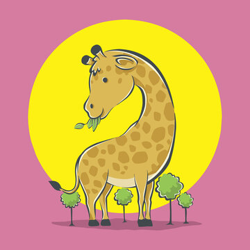 Cute giraffe with trees cartoon icon illustration. flat cartoon style