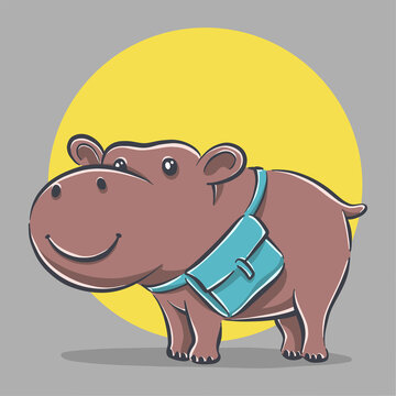 Cute little hippo with school bag cartoon icon illustration. flat cartoon style