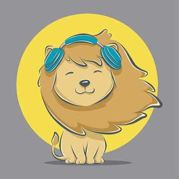 Cute little lion listening music cartoon icon illustration. flat cartoon style