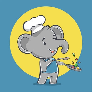 Cute little chef elephant cartoon icon illustration. flat cartoon style