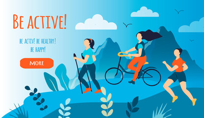 vector illustration on the theme of sports activity. girls in the open air - running, walking, cycling. outdoor sports, hiking. inscription 