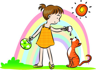 Obraz na płótnie Canvas vector cartoon girl eat ice-cream with cat in summer