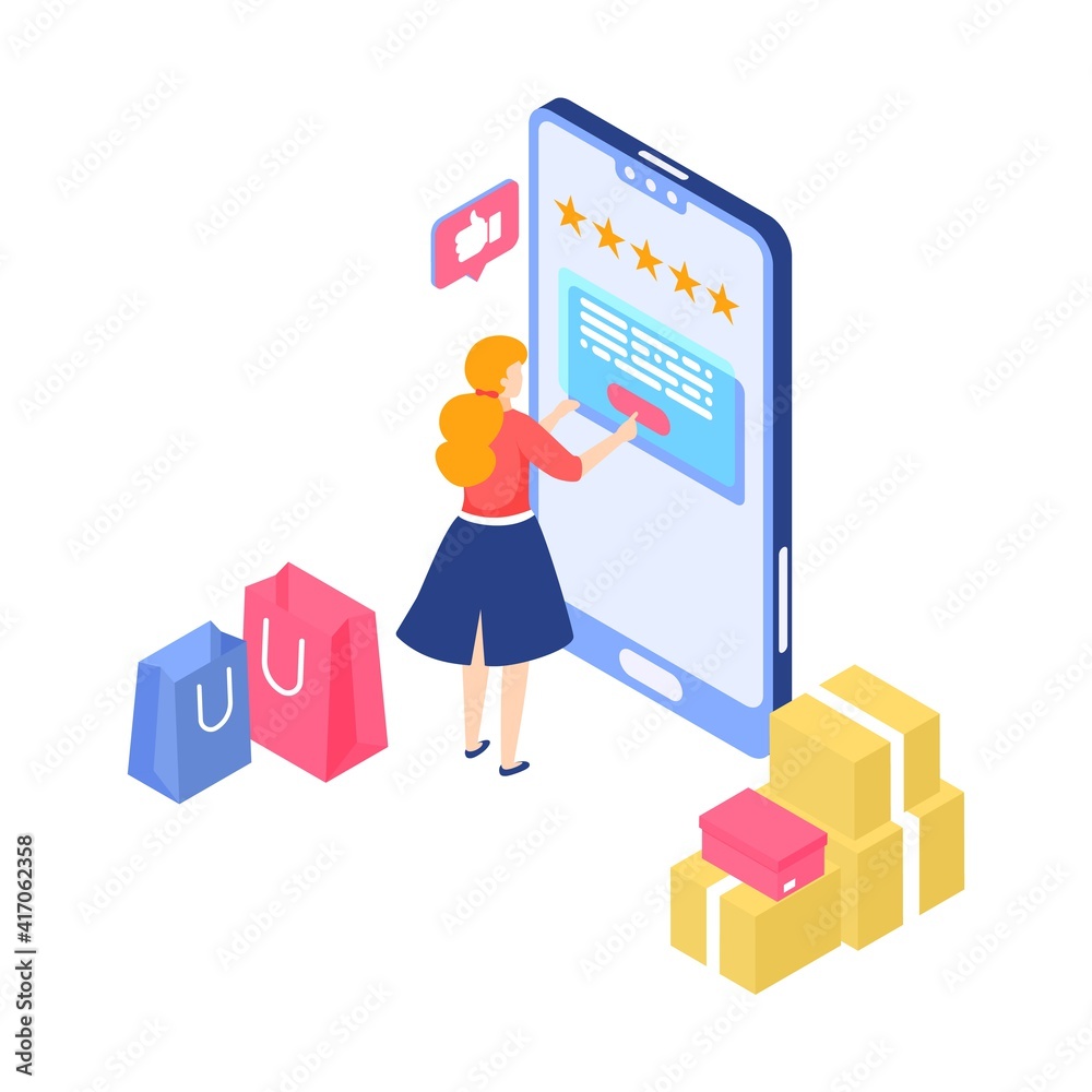 Aufkleber online shopping. cartoon woman makes purchases in mobile application. smartphone app with customer f
