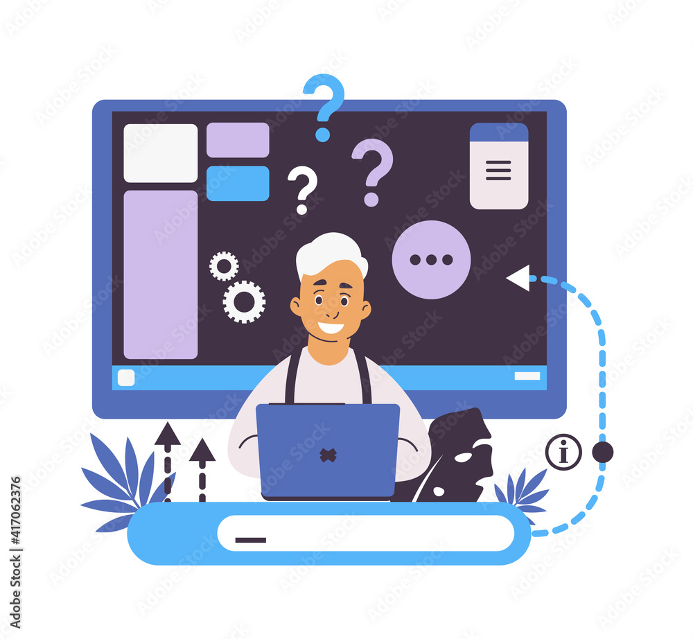 Aufkleber Online help and web forum. Searching information concept. FAQ or customer support. Feedback with confused clients. Cartoon man asking questions. Vector person writing query to corporate assistance