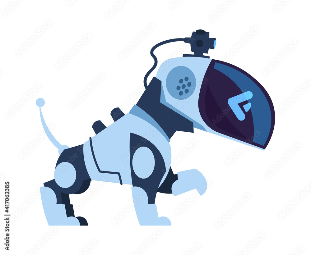 Poster Futuristic robot dog. Cartoon electronic robotic toy. Modern automatic moving bot with remote control and artificial intelligence. Isolated cute mechanical pet giving paw. Vector friendly android