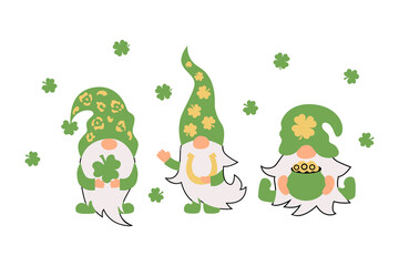 Irish gnomes with clovers, pot of gold and horseshoe. Great for t-shirt design, invitation, St Patrick's day. Vector illustration.