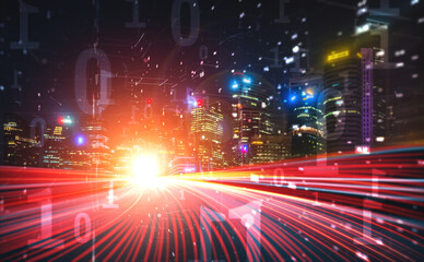 Digital data flow on road with motion blur to create vision of fast speed transfer . Concept of future digital transformation , disruptive innovation and agile business methodology .