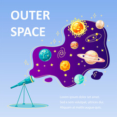 Outer space backdrop with planets and telescope. Great for outer space party invitation, education banner, astronomy poster. Vector illustration. Flat cartoon style design.