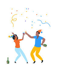 Fototapeta na wymiar Joyful people. Dancing cartoon characters celebrate birthday. Cute man and woman in holiday hats raise glasses with alcohol drinks. Fun party with colorful confetti and disco music vector illustration