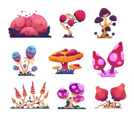 Alien mushrooms. Cartoon colorful fantasy flora. Extraterrestrial nature. Mystical magical ingredients for potions. Isolated toadstools types set. Bizarre grebes with spores. Vector fictional funguses