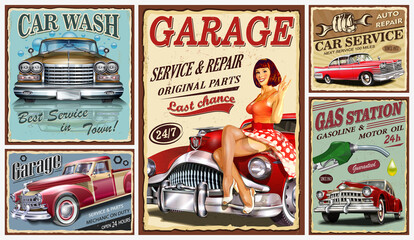 Set of vintage car metal signs,Garage, Filling Station, Car Wash  retro poster.