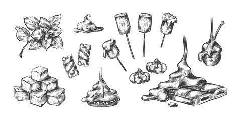Caramel candies. Realistic hand drawn sweet desserts. Sugary cubes or pastry with melted topping, marshmallows on sticks and toffees. Isolated yummy confectionery set. Vector black engraved sketches