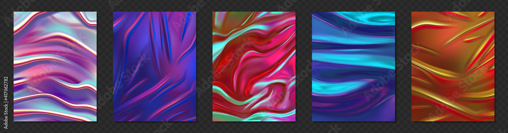 Poster holographic foil. realistic minimal iridescent poster with rainbow light mesh. colorful 3d hologram 