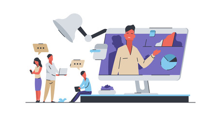 Work from home. Remote employment concept. Cartoon freelance employees working with computers and laptops. Online webinar and video conference for freelancers. Vector job or communication at distance