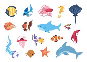 Cartoon sea animals. Funny tropic underwater creatures, colorful exotic aquarium fish set. Marine stingray or seahorse, cute shark and dolphin. Isolated bright undersea inhabitant. Vector ocean fauna