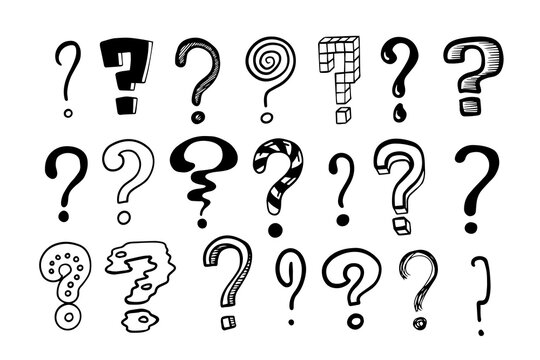 Question marks. Doodle hand drawn isolated set of interrogation signs, graphic inky punctuation icons. Vector collection of black and white asking symbols for expressing misunderstandings and doubts