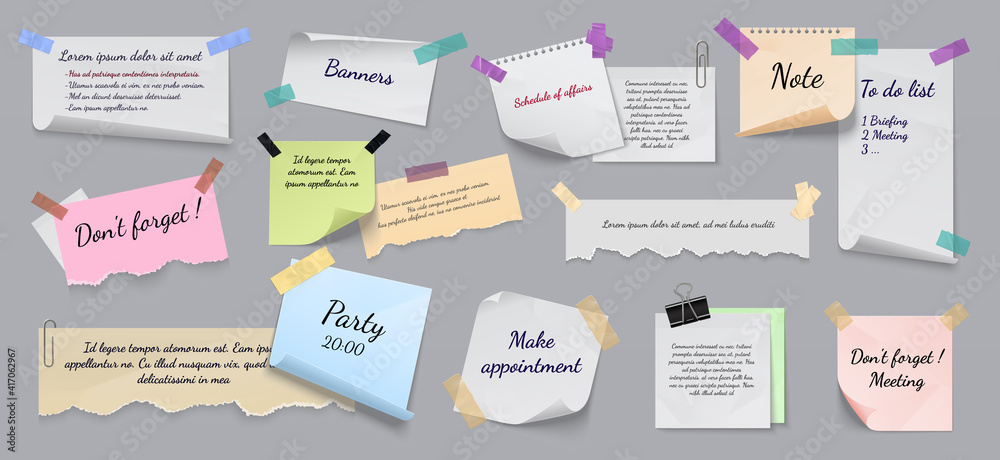 Poster Sticky notes. Realistic reminders on adhesive tapes with clip binders and pins, torn notebook sheets. Writing memos on crumpled notepapers with folded corners. Vector colorful paper pages and lists