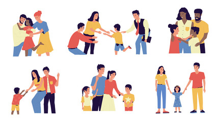 Adoption. Cartoon young couple adopt happy international kids. Cute scenes of cheerful foster parents. Caring for orphan. Mother and father hugging children. Vector multiracial families illustration - obrazy, fototapety, plakaty