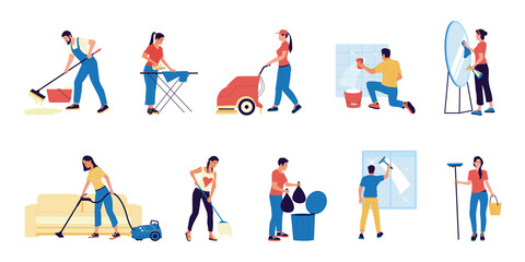 Fototapeta na wymiar Housekeeper. Cartoon characters with mops and buckets washing floor or window. People taking out trash and ironing clothes. Isolated scenes set of maid work from cleaning service. Vector housekeeping