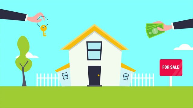 House for sale, real estate concept. 2d animation background, 4k video clip.