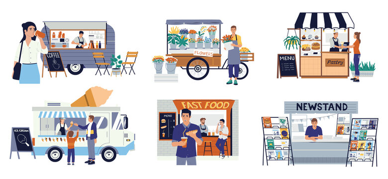 Small business. Flower and ice cream shop, street fast food cafe or coffee bar in auto vans. Cartoon happy diverse businessmen set. Scenes of young people buy hotdogs and pastry, vector entrepreneurs