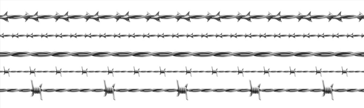 Barbed wire. Realistic seamless barbwire fence. Military border of curved steel. Iron protective construction for prison and army. Prickly twisted metal cable. Vector isolated lines for spiny barrier
