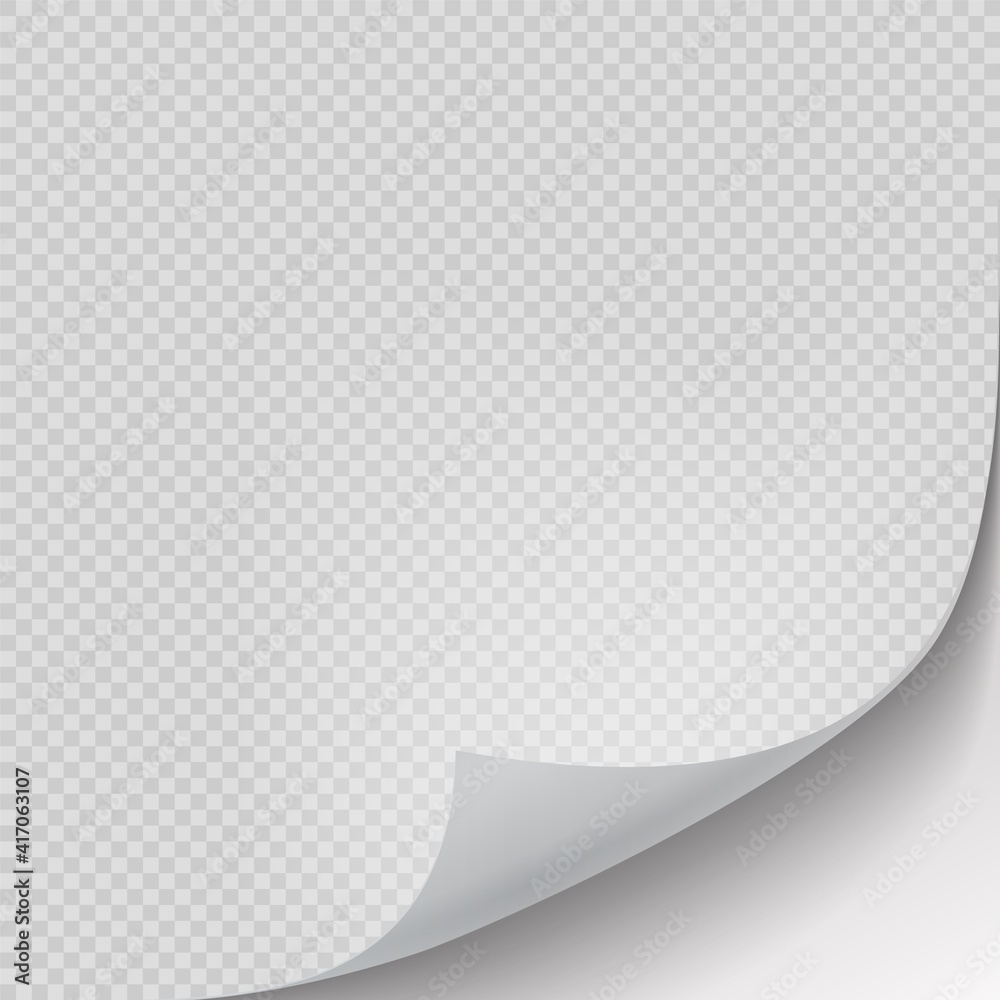 Poster Curled page corner. Turning paper sheet. Realistic square notepad with folded edge. Transparent mockup for writing memos. Blank notepaper with copy space. Vector empty background, sticker template