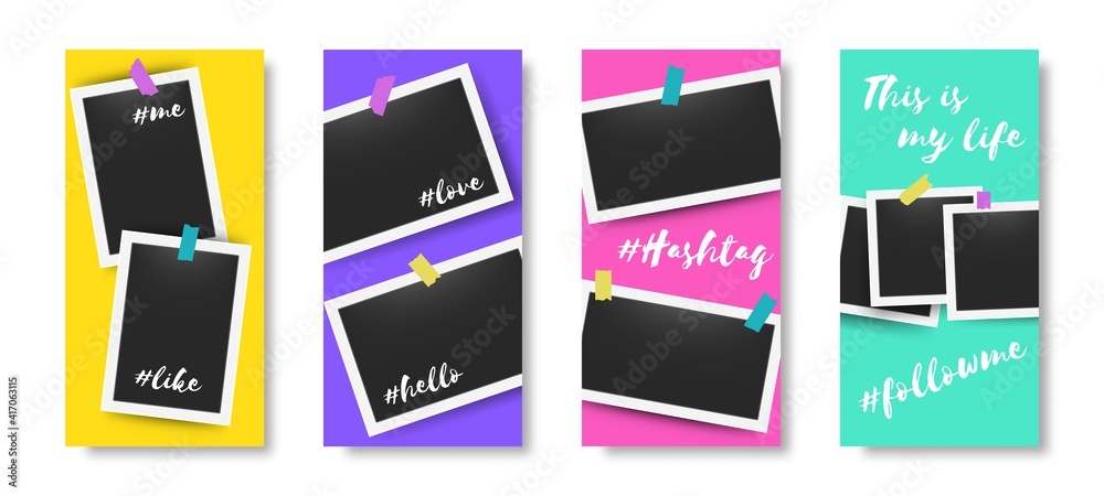 Poster social media editable story frames. trendy banners with blank moment photos. photographs attached to