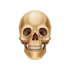 Human skull. Realistic anatomical model, dead man's head bones. Medical 3D illustration. Isolated part of skeleton with tooth. Scary Halloween or pirate symbol. Vector front view of detailed cranium